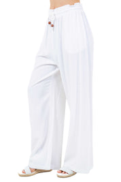 Pantalones Palazzo informales de playa para mujer, de mezcla de lino con cintura con cordón