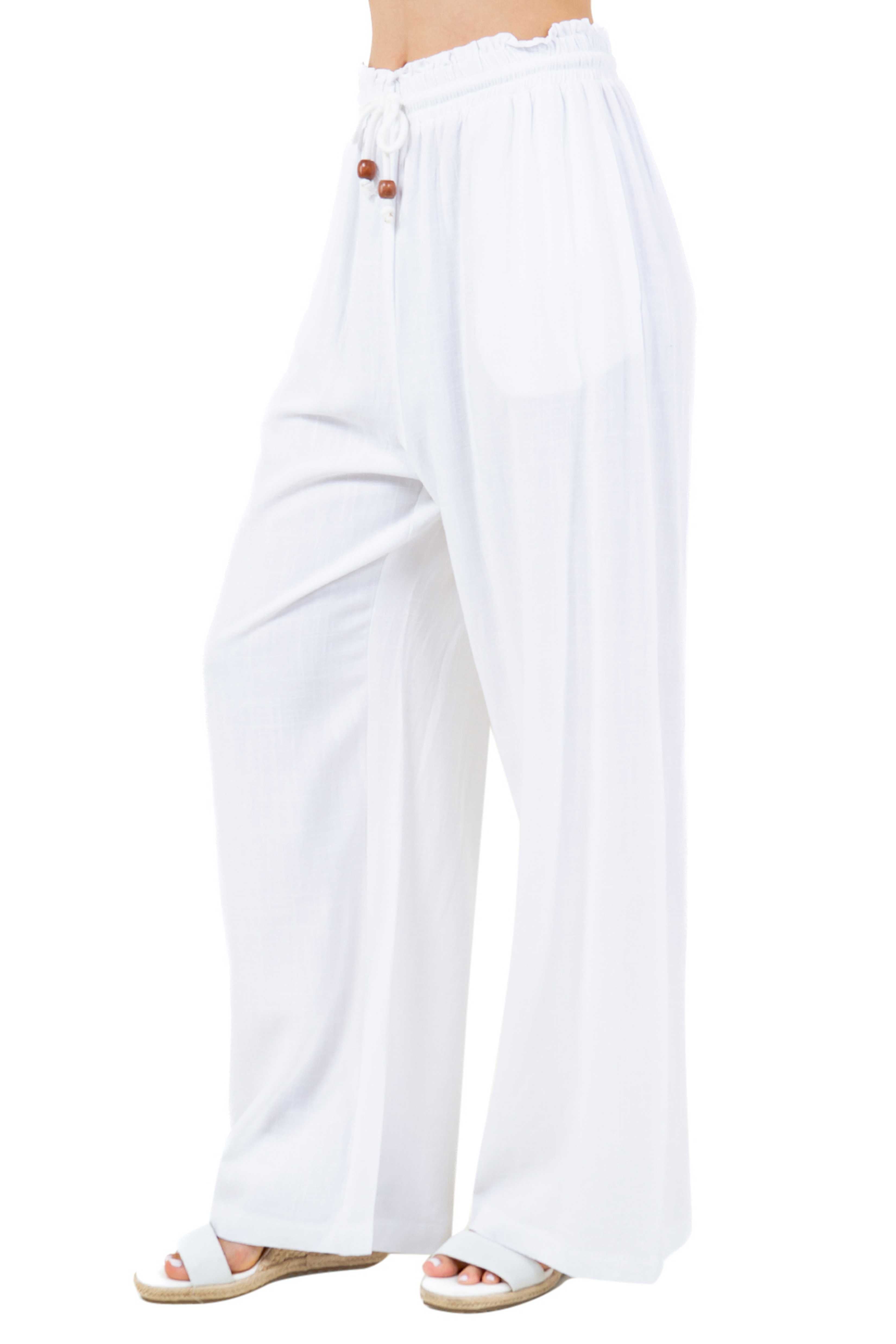 Pantalones Palazzo informales de playa para mujer, de mezcla de lino con cintura con cordón