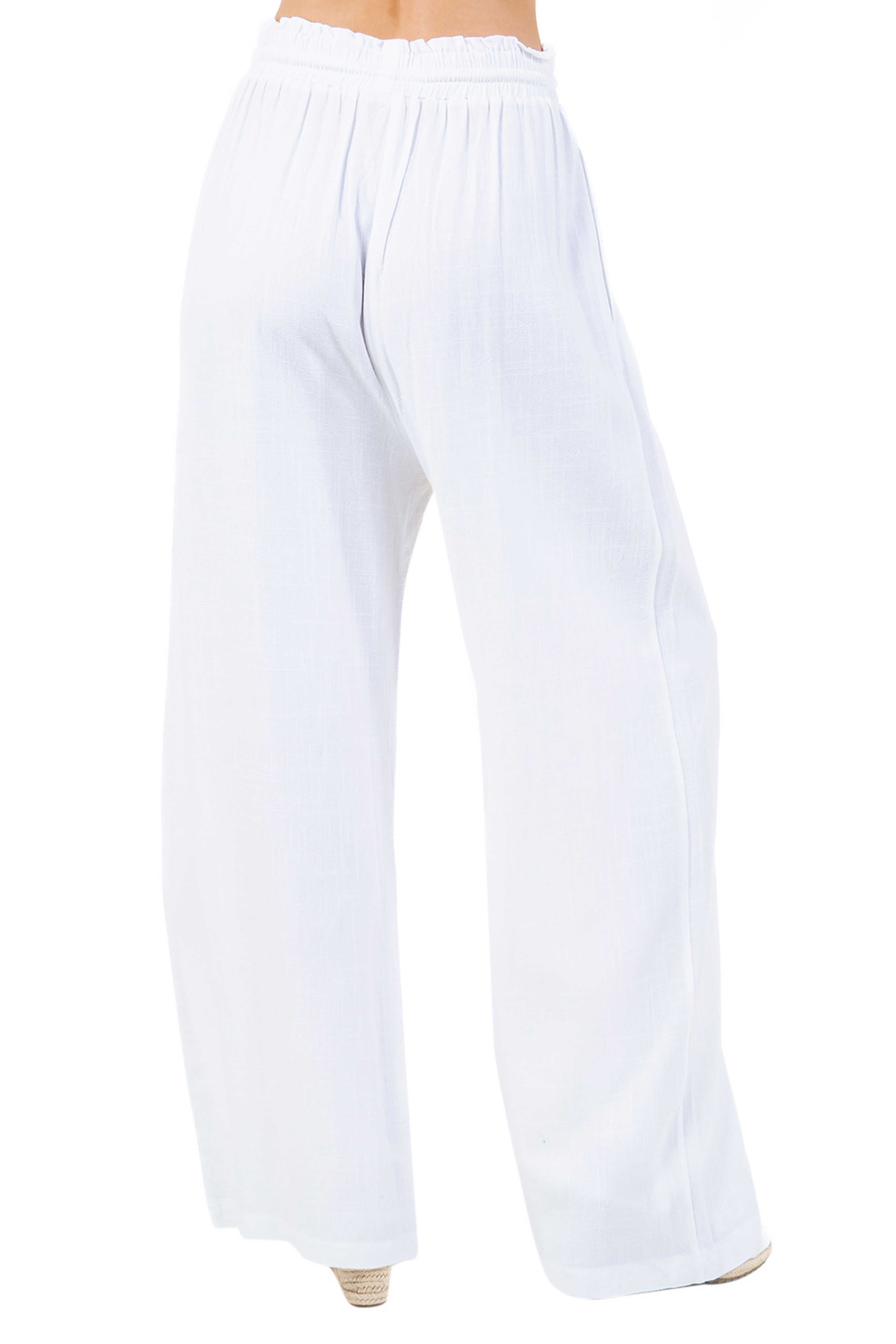 Pantalones Palazzo informales de playa para mujer, de mezcla de lino con cintura con cordón