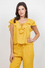 Blusa informal de mujer con escote en V y mangas dolman con ribete de crochet para resort