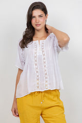 Blusa informal de mujer con escote en V y mangas dolman con ribete de crochet para resort
