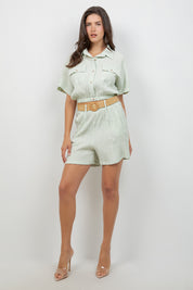 Crinkle Linen Blend Cropped Short Sleeve Two-Pocket Button Down Top