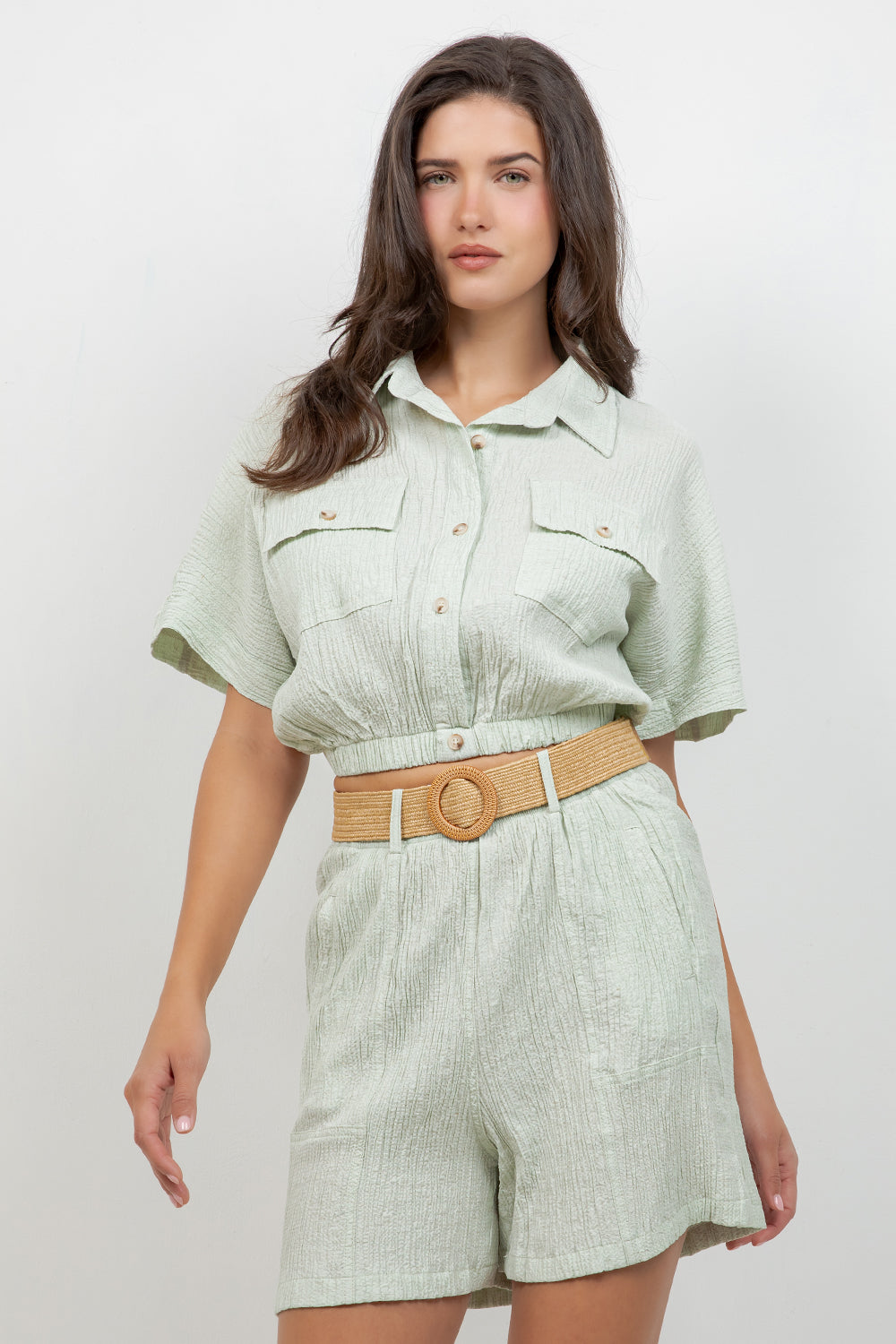 Crinkle Linen Blend Cropped Short Sleeve Two-Pocket Button Down Top