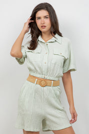 Crinkle Linen Blend Cropped Short Sleeve Two-Pocket Button Down Top