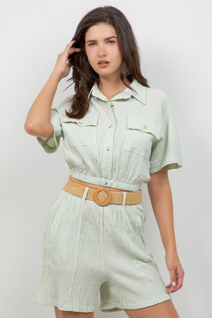 Crinkle Linen Blend Cropped Short Sleeve Two-Pocket Button Down Top