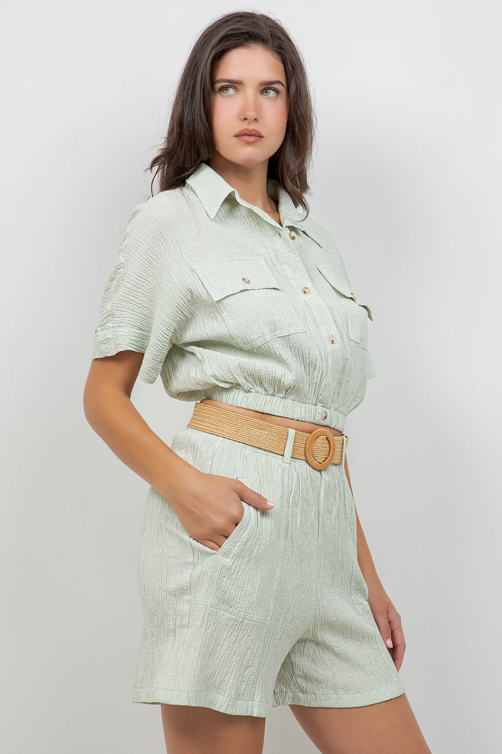 Crinkle Linen Blend Cropped Short Sleeve Two-Pocket Button Down Top