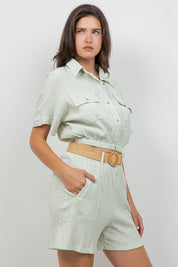 Crinkle Linen Blend Cropped Short Sleeve Two-Pocket Button Down Top