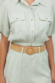 Crinkle Linen Blend Cropped Short Sleeve Two-Pocket Button Down Top