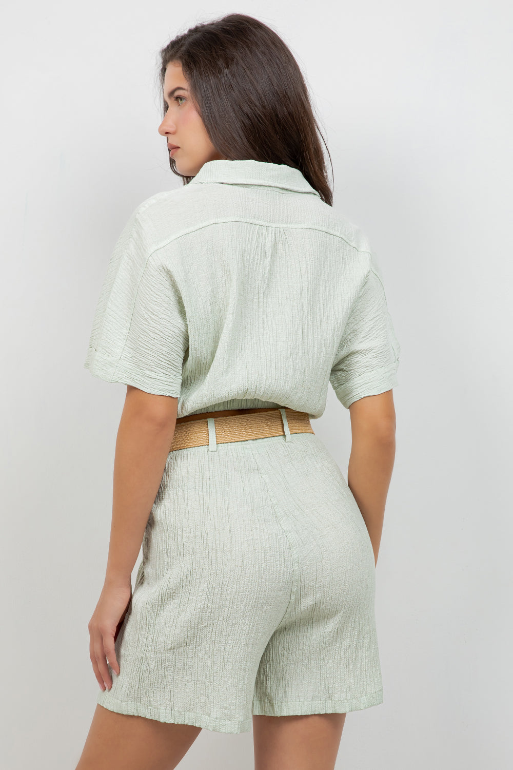 Crinkle Linen Blend Cropped Short Sleeve Two-Pocket Button Down Top