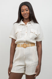 Crinkle Linen Blend Cropped Short Sleeve Two-Pocket Button Down Top
