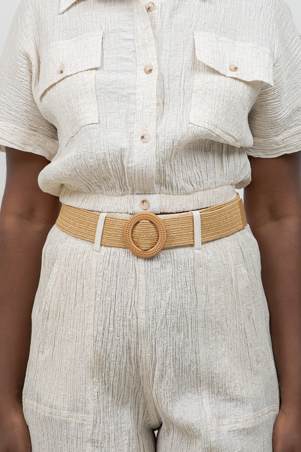 Crinkle Linen Blend Cropped Short Sleeve Two-Pocket Button Down Top