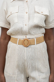 Crinkle Linen Blend Cropped Short Sleeve Two-Pocket Button Down Top