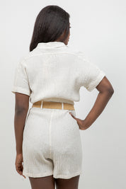 Crinkle Linen Blend Cropped Short Sleeve Two-Pocket Button Down Top