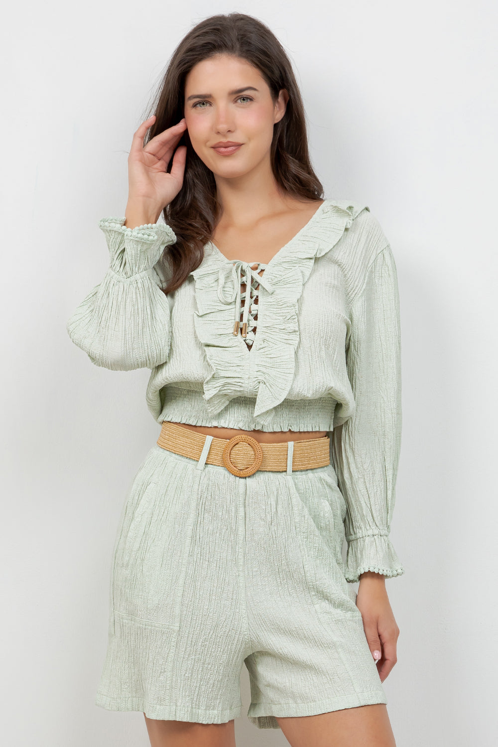 Crinkle Linen Blend Long Sleeve V-Neck Ruffle Top