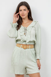 Crinkle Linen Blend Long Sleeve V-Neck Ruffle Top