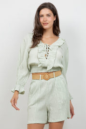 Crinkle Linen Blend Long Sleeve V-Neck Ruffle Top