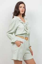 Crinkle Linen Blend Long Sleeve V-Neck Ruffle Top