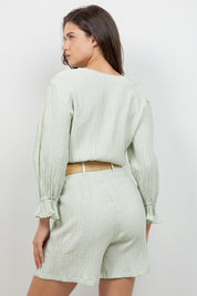 Crinkle Linen Blend Long Sleeve V-Neck Ruffle Top