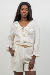 Crinkle Linen Blend Long Sleeve V-Neck Ruffle Top