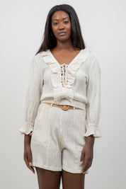 Crinkle Linen Blend Long Sleeve V-Neck Ruffle Top