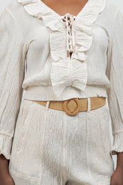 Crinkle Linen Blend Long Sleeve V-Neck Ruffle Top