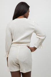 Crinkle Linen Blend Long Sleeve V-Neck Ruffle Top
