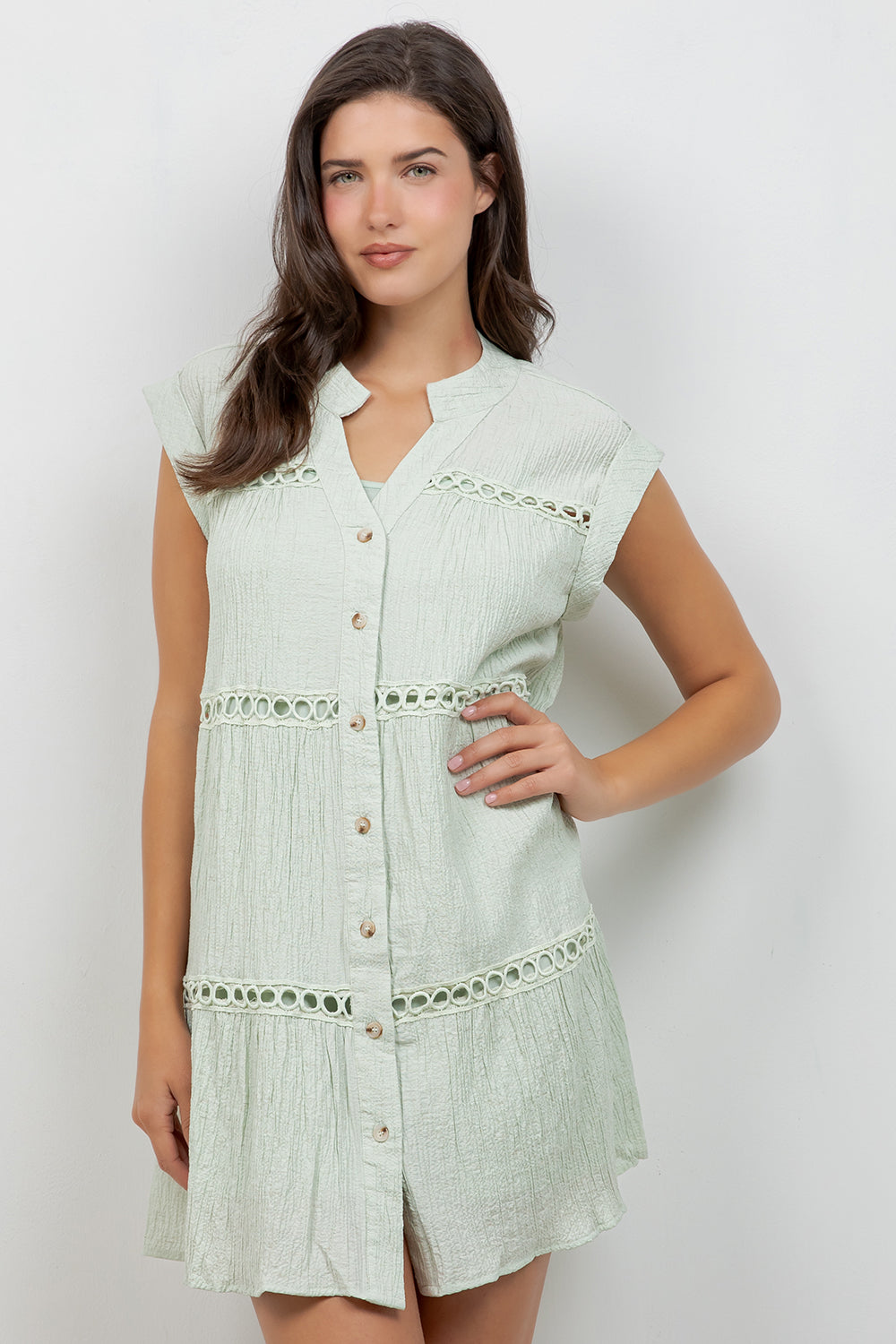 Crinkle Linen Blend Casual Button Down Summer Dress