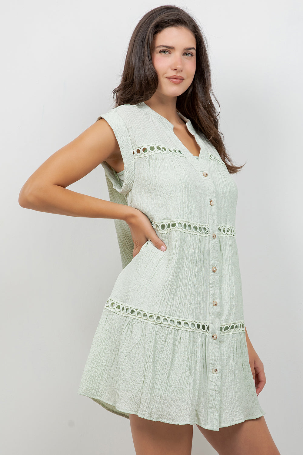 Crinkle Linen Blend Casual Button Down Summer Dress