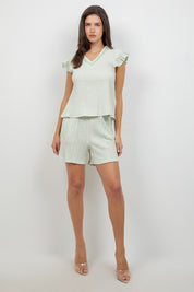 Crinkle Linen Blend Short Sleeve V-Neck Ruffle Top with Embroidery
