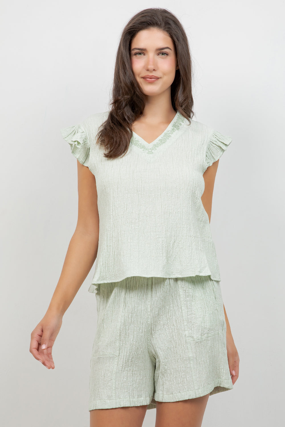 Crinkle Linen Blend Short Sleeve V-Neck Ruffle Top with Embroidery