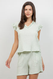 Crinkle Linen Blend Short Sleeve V-Neck Ruffle Top with Embroidery