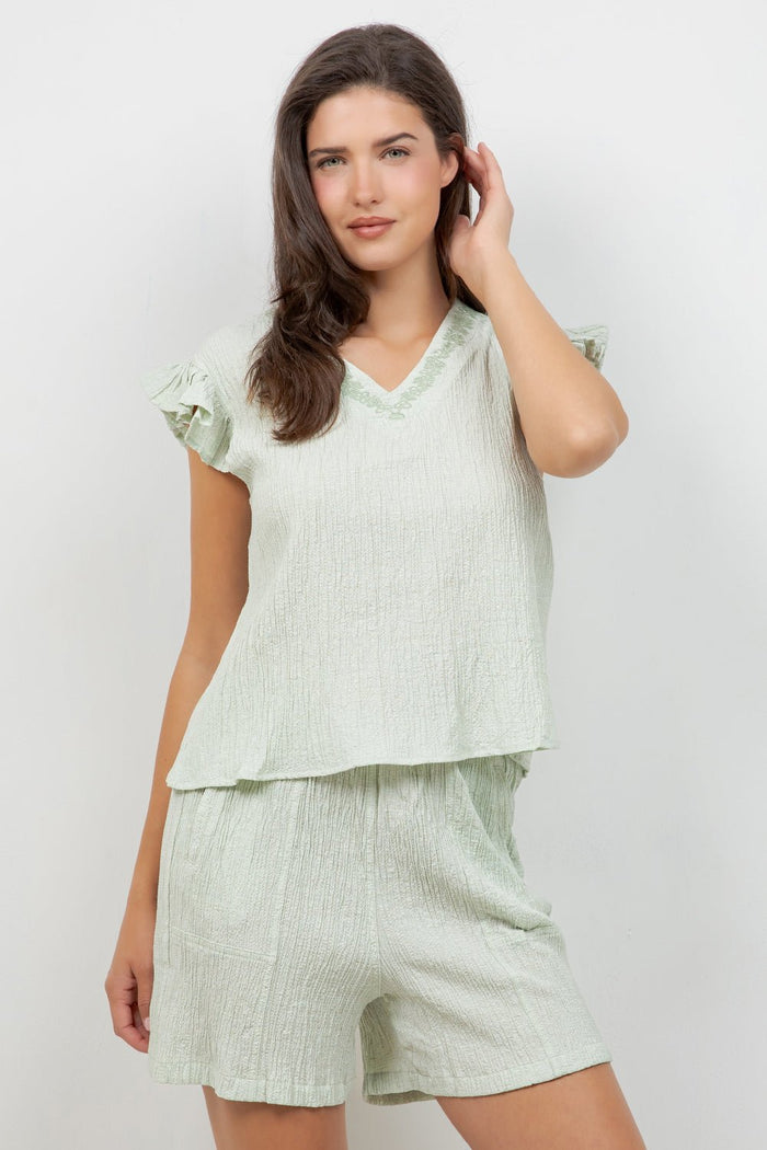Crinkle Linen Blend Short Sleeve V-Neck Ruffle Top with Embroidery