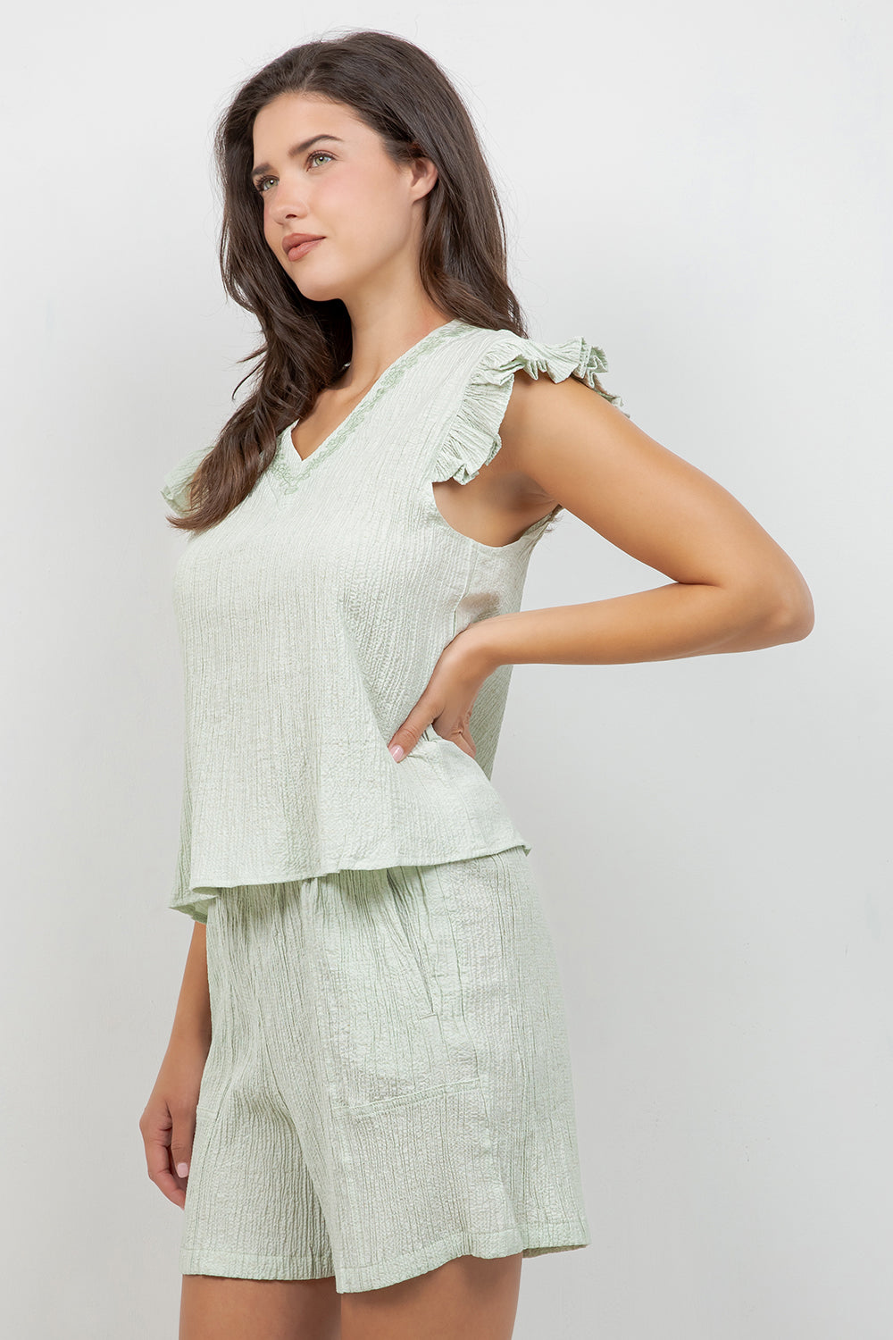 Crinkle Linen Blend Short Sleeve V-Neck Ruffle Top with Embroidery