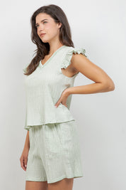 Crinkle Linen Blend Short Sleeve V-Neck Ruffle Top with Embroidery