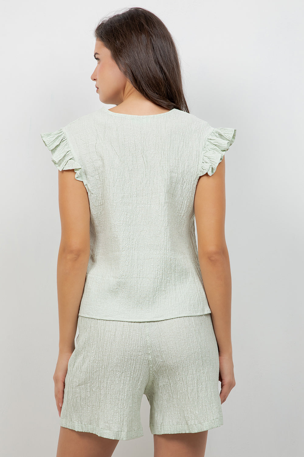Crinkle Linen Blend Short Sleeve V-Neck Ruffle Top with Embroidery