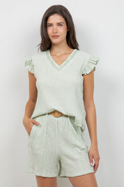 Crinkle Linen Blend Short Sleeve V-Neck Ruffle Top with Embroidery
