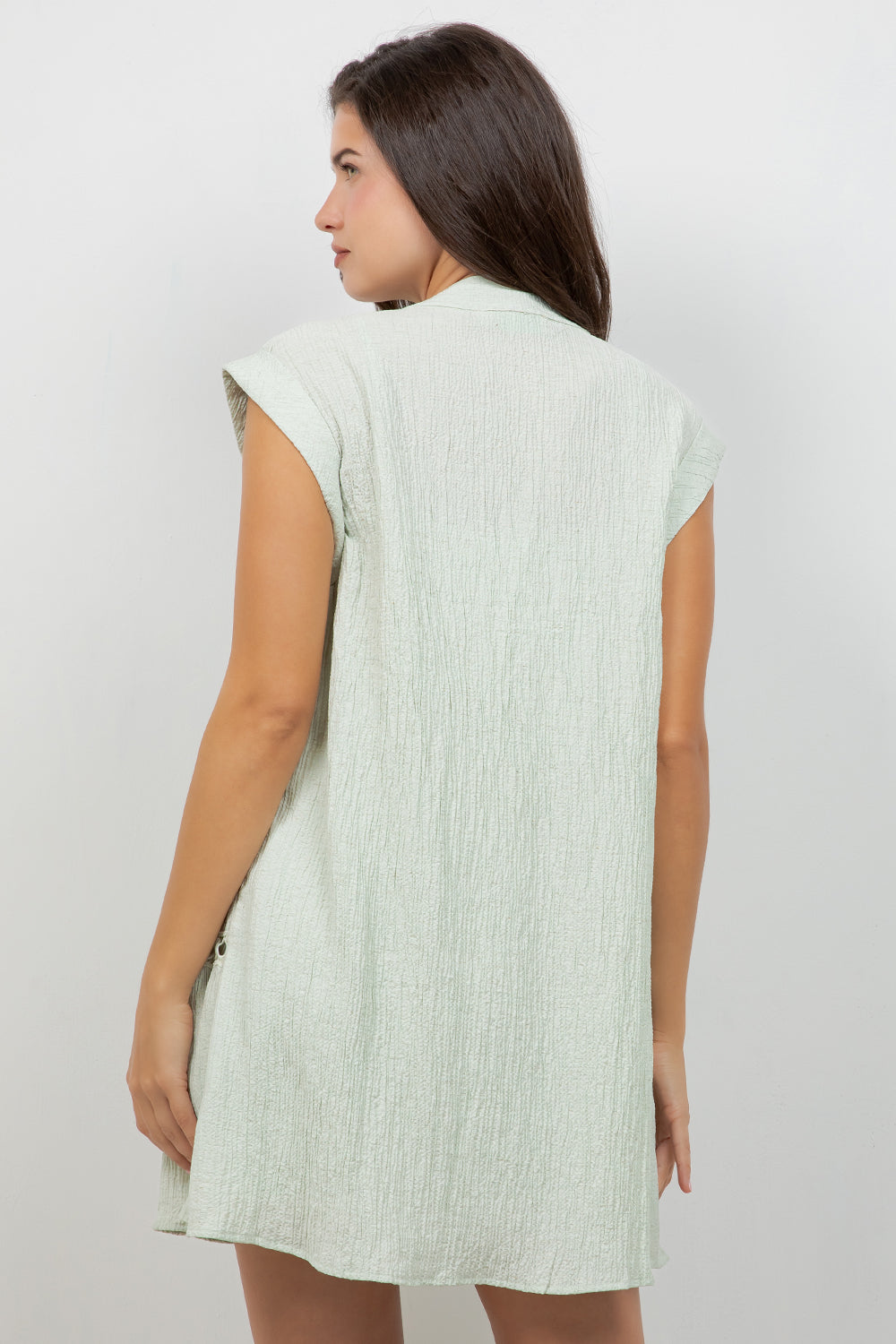 Crinkle Linen Blend Short Sleeve V-Neck Ruffle Top with Embroidery
