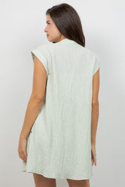 Crinkle Linen Blend Short Sleeve V-Neck Ruffle Top with Embroidery