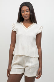 Crinkle Linen Blend Short Sleeve V-Neck Ruffle Top with Embroidery