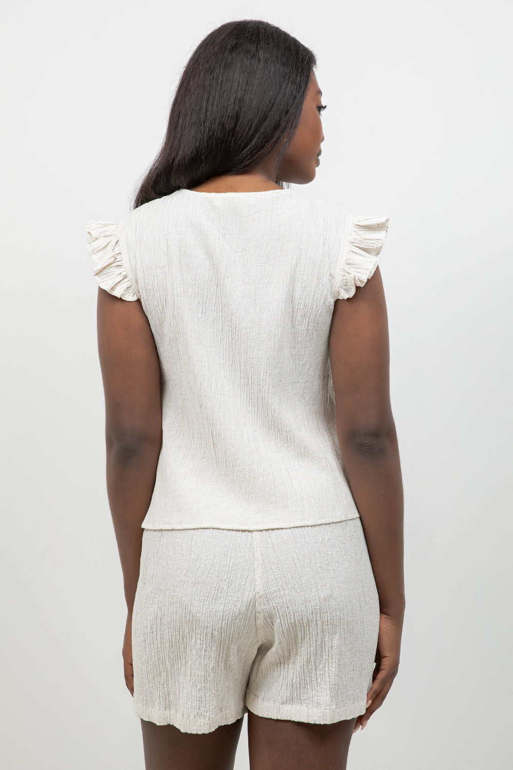 Crinkle Linen Blend Short Sleeve V-Neck Ruffle Top with Embroidery