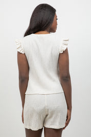 Crinkle Linen Blend Short Sleeve V-Neck Ruffle Top with Embroidery