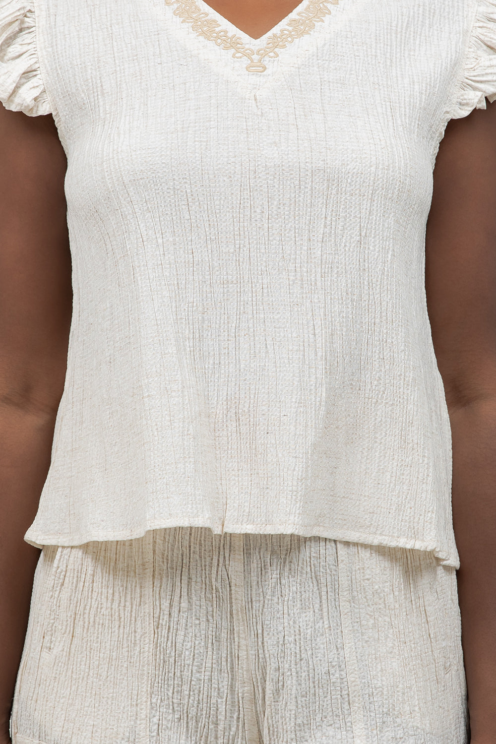 Crinkle Linen Blend Short Sleeve V-Neck Ruffle Top with Embroidery