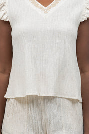 Crinkle Linen Blend Short Sleeve V-Neck Ruffle Top with Embroidery