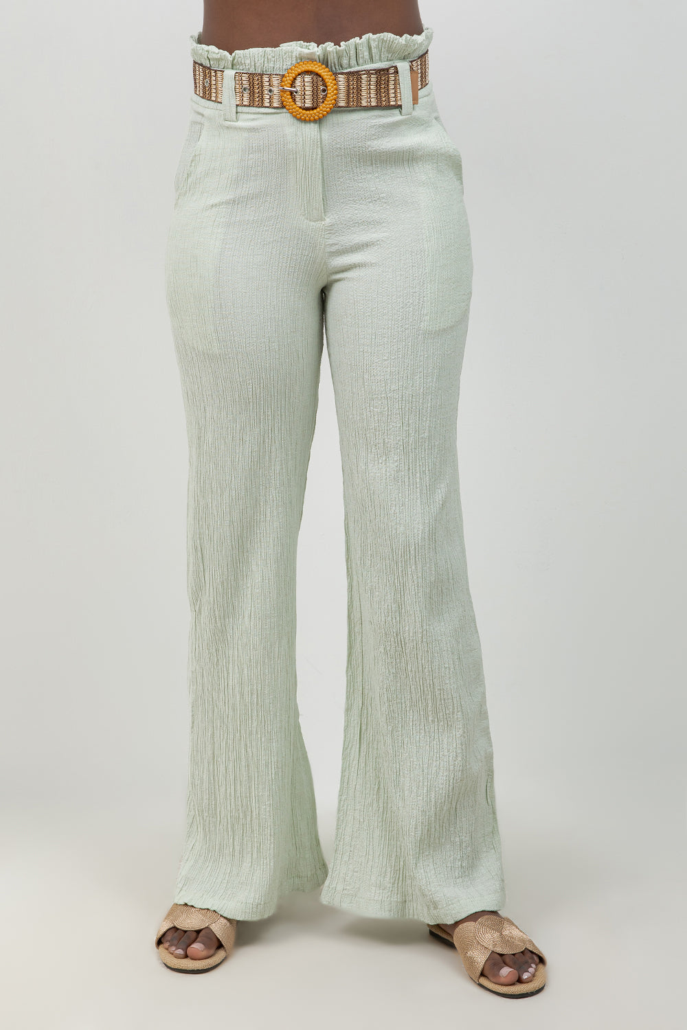 Crinkle Linen Blend Wide-Leg Pants with Belt
