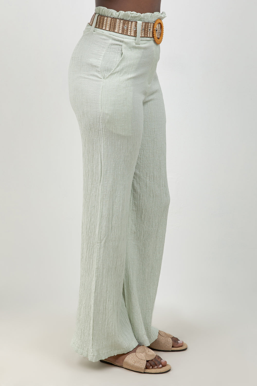 Crinkle Linen Blend Wide-Leg Pants with Belt