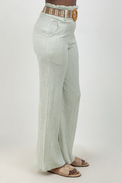 Crinkle Linen Blend Wide-Leg Pants with Belt