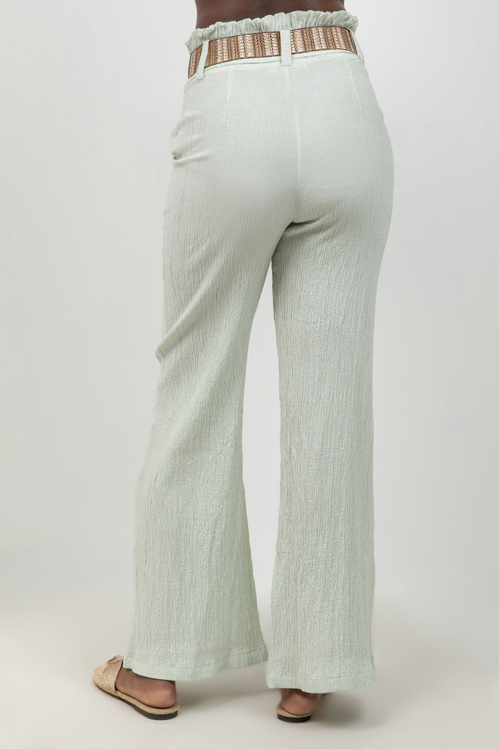 Crinkle Linen Blend Wide-Leg Pants with Belt