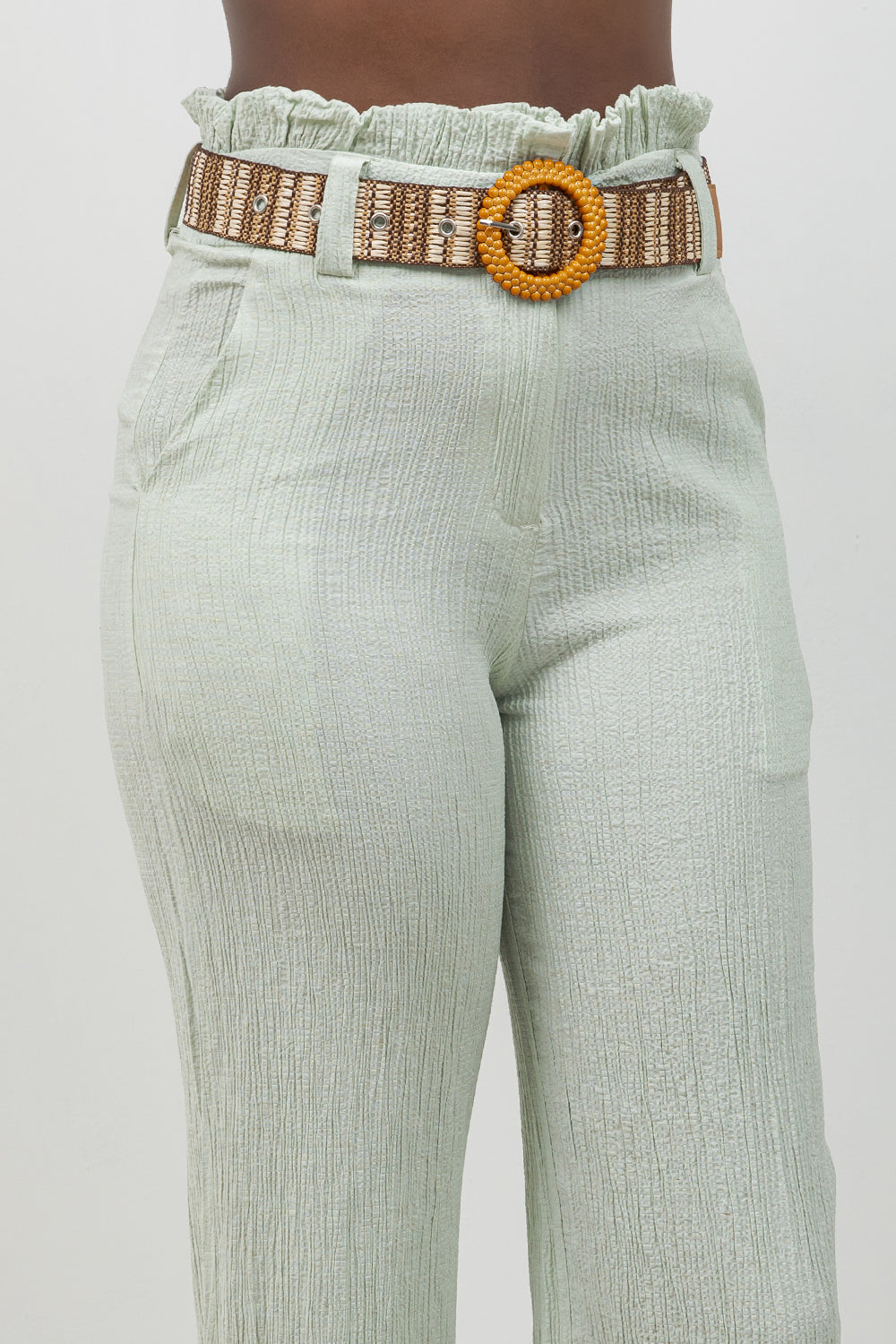 Crinkle Linen Blend Wide-Leg Pants with Belt