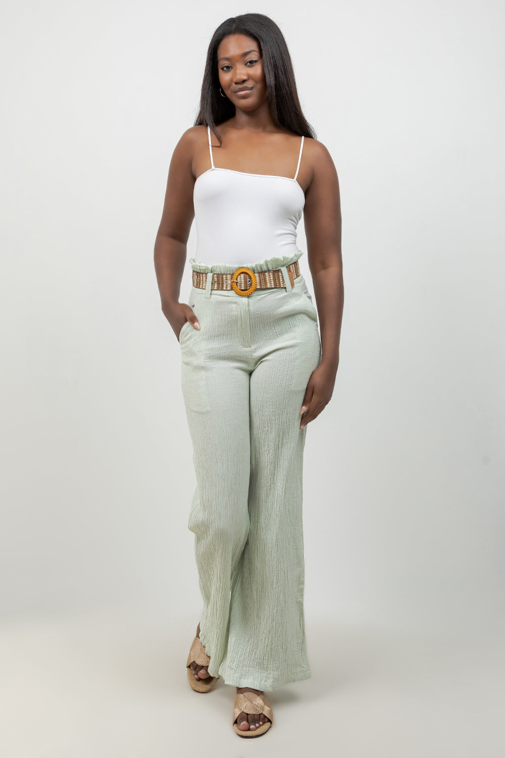 Crinkle Linen Blend Wide-Leg Pants with Belt