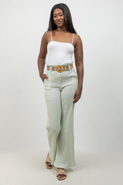 Crinkle Linen Blend Wide-Leg Pants with Belt